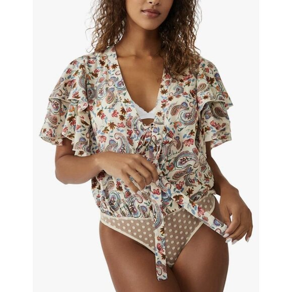 Free People Tops - FREE PEOPLE women size Large Call Me Later Bodysuit Top Paisley Printed v-neck